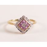 9ct yellow gold Pink Sapphire and Diamond, 1.8 grams. Ring size S.