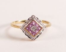 9ct yellow gold Pink Sapphire and Diamond, 1.8 grams. Ring size S.