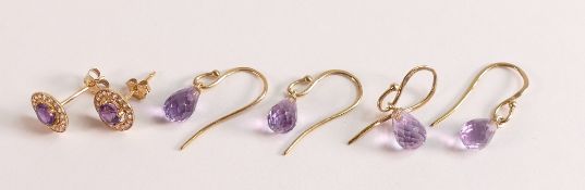 THREE sets yellow gold amethyst earrings. 9ct Yellow Gold Amethyst and Cubic Zirconia Stud Earrings,