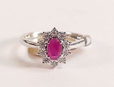 9ct White Gold Ruby and Diamond Halo Ring - The head of the ring measures in total 10.24mm x 8.