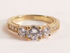10ct Gold Cubic Zirconia Fancy Ring - Stamped 10KCG. The main cubic zirconia is brilliant cut and