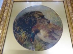 After Edwin Landseer, Print on Canvas of Hunting Dog with Game Bird. In circular mount within a Gilt
