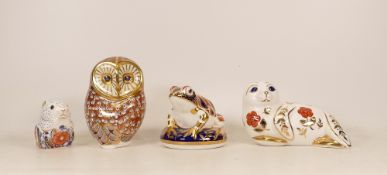Royal Crown Derby paperweights to include Seal, Barn Owl, Poppy Mouse and Imari Frog. All silver