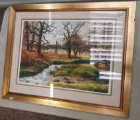 Limited edition S J Copeland framed print of a riverside scene, overall size 77cm x 63cm.