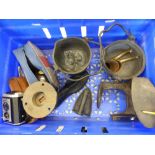 A mixed collection of metalware items to include cast iron shoe lasts, salter cast iron, iron. Kodak