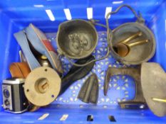 A mixed collection of metalware items to include cast iron shoe lasts, salter cast iron, iron. Kodak
