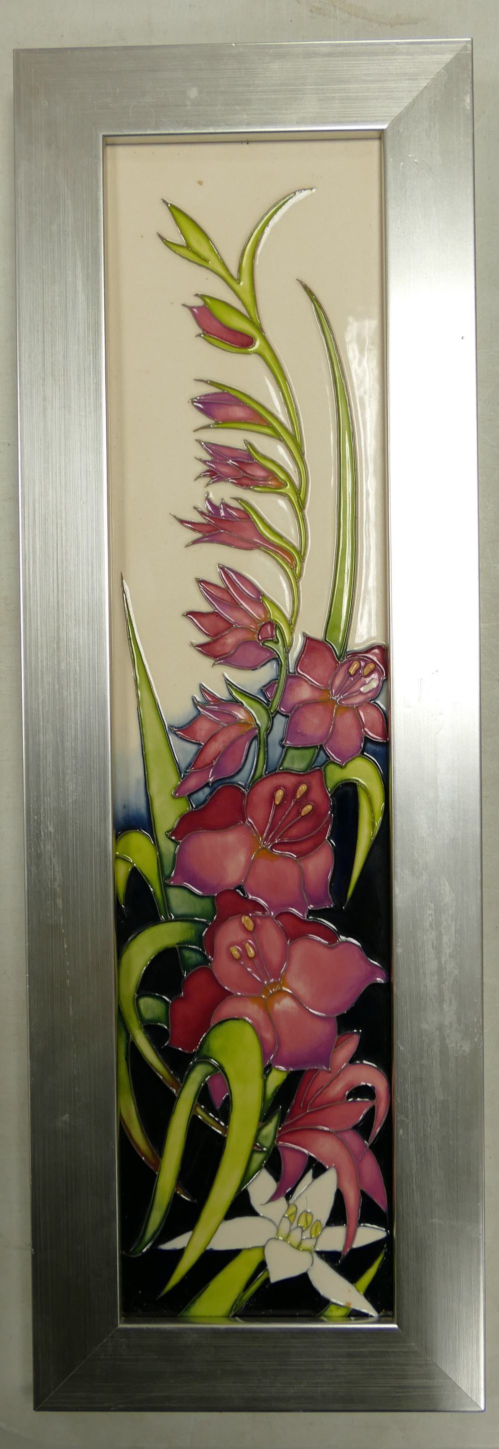 Moorcroft Gladioli Pattern Framed Plaque signed by Nicola Slaney (red dot seconds) Height: 47.7cm