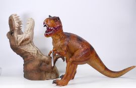 Resin t-rex wall plaque together with plastic t-rex figure, height of tallest 37cm