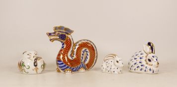 Royal Crown Derby paperweights to include Dragon, Imari Mouse, Rabbit and Baby Rabbit. All silver