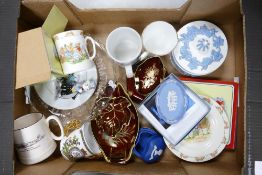 A Mixed Collection of Ceramic items to include Wedgwood Queensware Lidded Box, Jasperware Pin