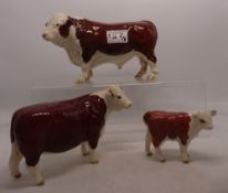 Beswick Polled Hereford cattle family Bull, cow and calf