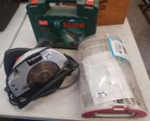 A collection of tools to include Bosch PSR18 cased impact driver, wicks circular saw & rotary tool