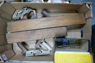 A collection of Wood Working Hand Tools including Boxed Record Plough Plane No 44 & 2 wood similar