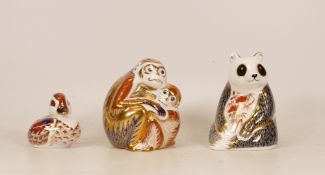 Royal Crown Derby paperweights to include Monkey and Baby, Panda and Swimming Duck. All silver