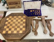 Vintage Wooden carved Chess table together with carved wood Indian Chess Set