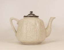 19th Century Relief Moulded Stoneware Teapot with Rococo Scrollwork and Floral Decoration. Pewter