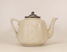 19th Century Relief Moulded Stoneware Teapot with Rococo Scrollwork and Floral Decoration. Pewter