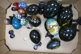 A large collection of 1980's Russian Hand Decorated Eggs some with stands