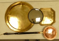 Large Brass Indian Wall Charger, similar smaller tray, copper bed pan & small convex mirror,