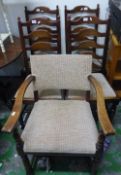 Set of 4 vintage solid Oak ladder back dining chairs together with 1 carver (5)