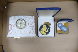 Wedgwood White Mantle Clock with Copper Swirl Decoration, Basalt and Gold Egyptian Pendant and