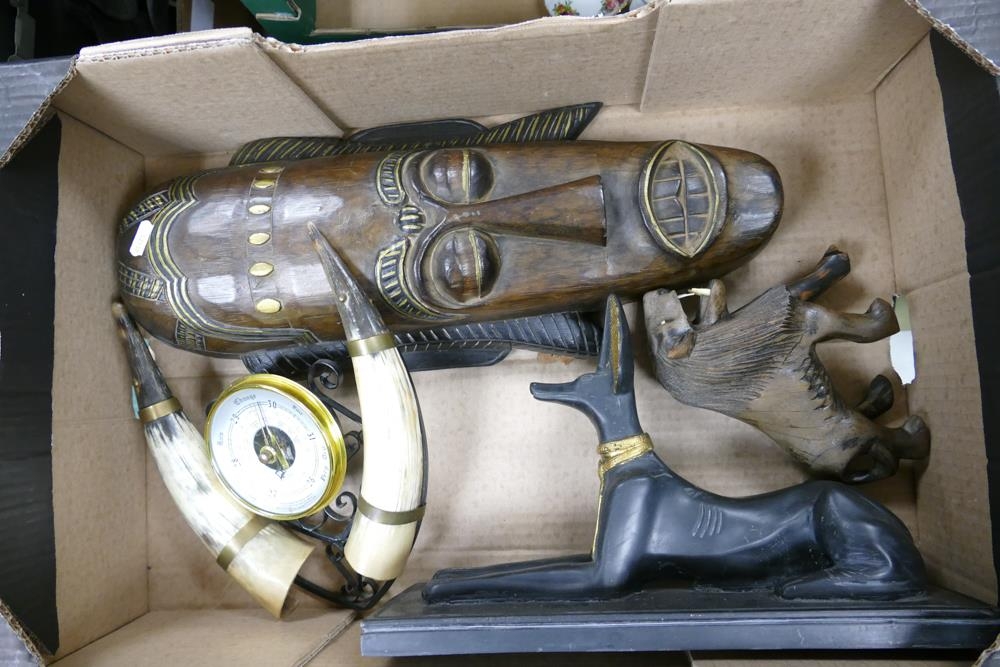 A mixed collection of items to include large African Mask, Resin Egyptian theme figure, Carved