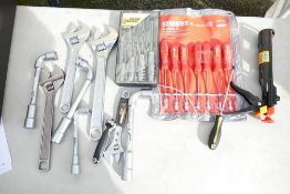 Collection of heavy duty DIY tools including sockets, screwdrivers, spanners etc.