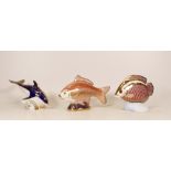 Royal Crown Derby paperweights to include gourami, dolphin and koi. All silver stoppers (3)