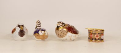 Three Royal Crown Derby Bird Paperweights to include House Sparrow, Wren and Dappled Quail (All Gold