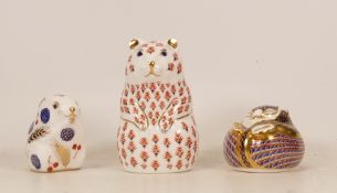 Royal Crown Derby paperweights to include Hamster, Door Mouse and Harvest Mouse. All silver stoppers