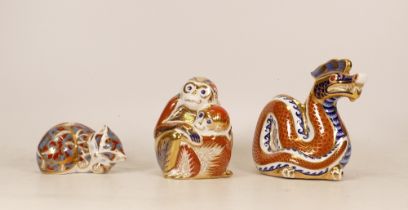Royal Crown Derby paperweights to include Dragon, Monkey and baby and Contented Kitten. All silver