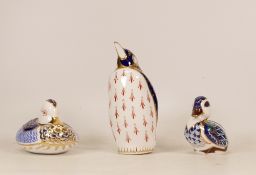 Royal Crown Derby paperweights to include Penguin, Sitting Blue Duck and Widgeon. All silver
