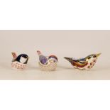 Three Royal Crown Derby Bird Paperweights to include Nuthatch, European Robin (both gold stoppers)