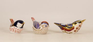 Three Royal Crown Derby Bird Paperweights to include Nuthatch, European Robin (both gold stoppers)