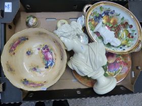A mixed collection of items to include crown staffs footed fruit bowl, crown staffs lidded pots,