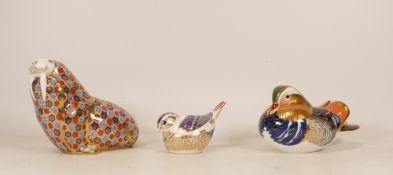 Royal Crown Derby paperweights to include Walrus, Mandarin Duck and Goldcrest . All silver