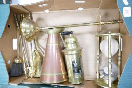 A collection of brass ware to include fireside set, sandglass timer, gas lamp etc
