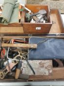 A carpenters tool chest and contents together with a small tool chest and various other hand tools