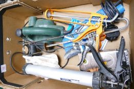 A collection of DIY tools including Bosch Electric Planer with dust bag, detail sander, electric