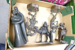 A collection of Resin Figures including Jesters, Arabian Knight, Falstaff & Royal Doulton Images