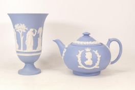 Wedgwood 1953 Coronation Queen Elizabeth & Prince Phillip Teapot together with a Footed Vase. (2)