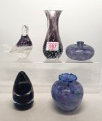 A Small Collection of Art Glass to include Vases and Paperweights. (5)