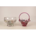 A Fenton Glass Made in USA Cranberry Colour Basket together with a Crystal Bowl. Filled with Art