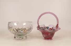 A Fenton Glass Made in USA Cranberry Colour Basket together with a Crystal Bowl. Filled with Art