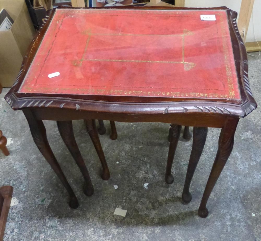 Oak Nest of 3 tables with red tooled leather tops and glass top