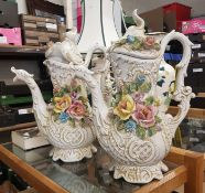 Two Oversized Capodimonte Teapots with Hand Moulded Floral Decoration. Height: 46cm