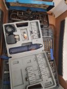 A collection of tools and accessories to include Rotary tool socket set, allan keys, drill bits