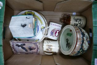 A mixed collection of items to include commemorative tankards, Stoneware decanter, 20th century