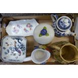 A mixed collection of items to include churchill willow pattern tea pot, woods indian tree jug,