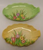 Two Carltonware Australian Design Crocus Pattern Bowls in Yellow and Green. Chips to both